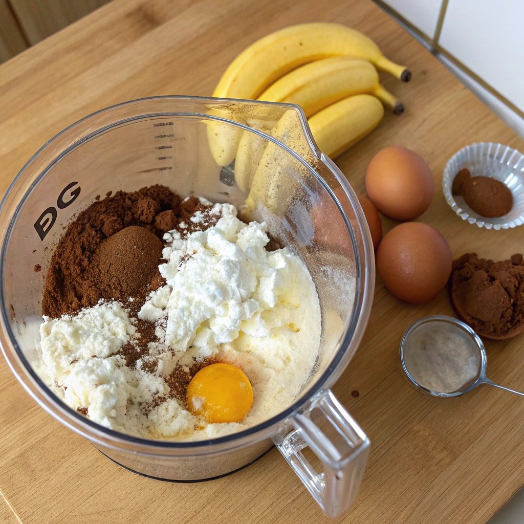 cottage-cheese-blender-protein-brownie-base Blended cottage cheese with banana and cocoa for protein brownie batter.
