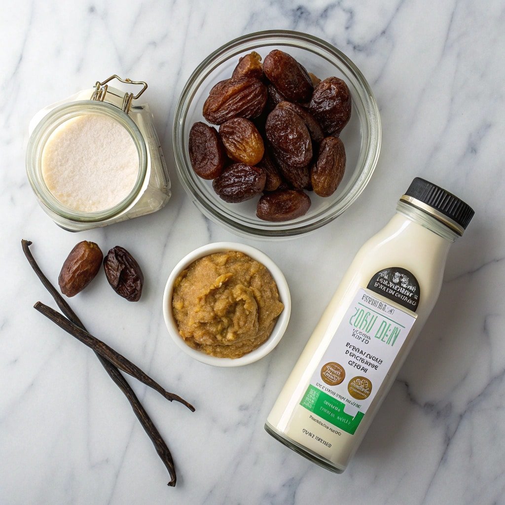 creami-ingredients-miso-date-coconut Marble countertop with ingredients for miso date ice cream: miso paste, coconut milk, vanilla, and soaked dates