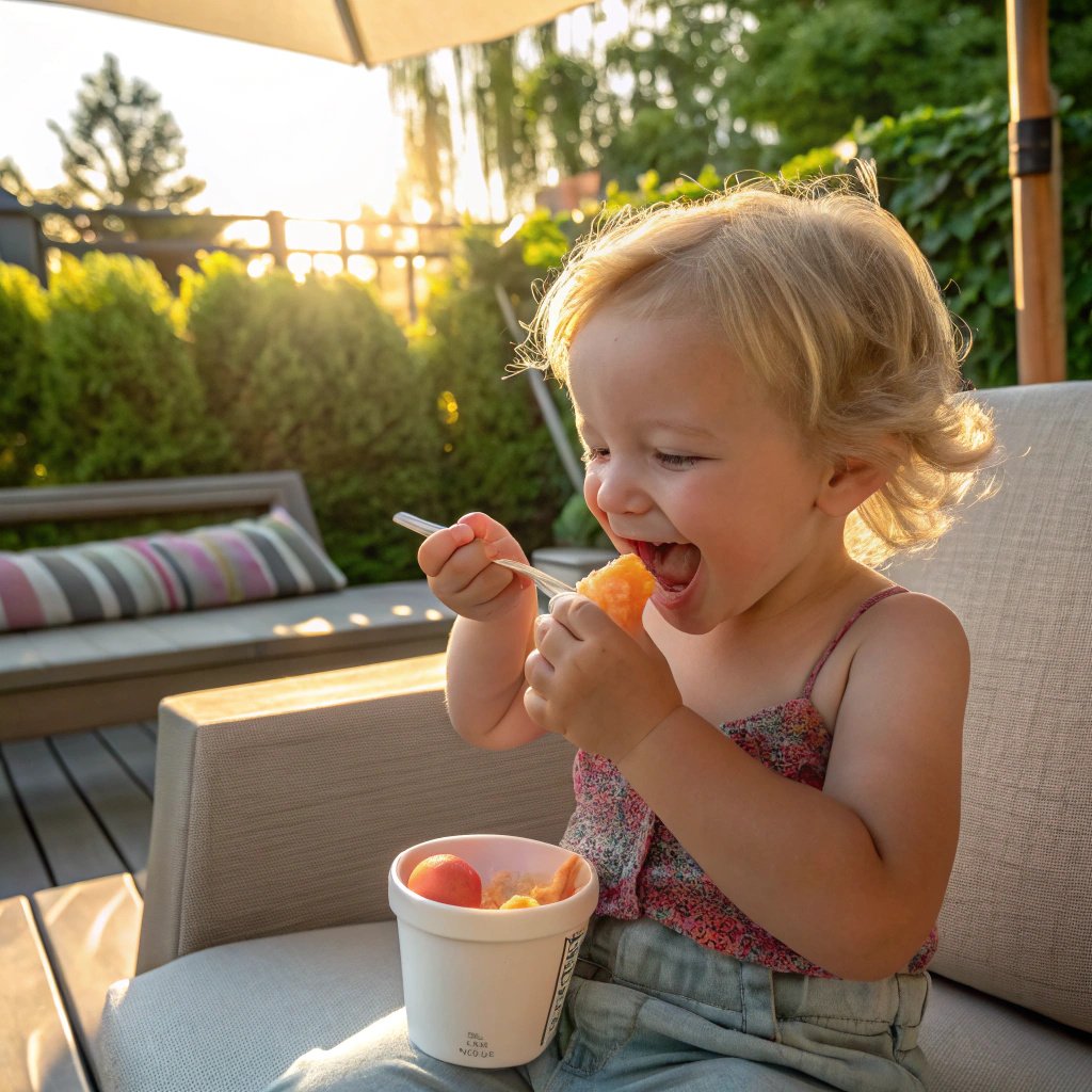 kid-eating-peach-sorbet-summer Toddler enjoying peach sorbet outdoors on a sunny patio