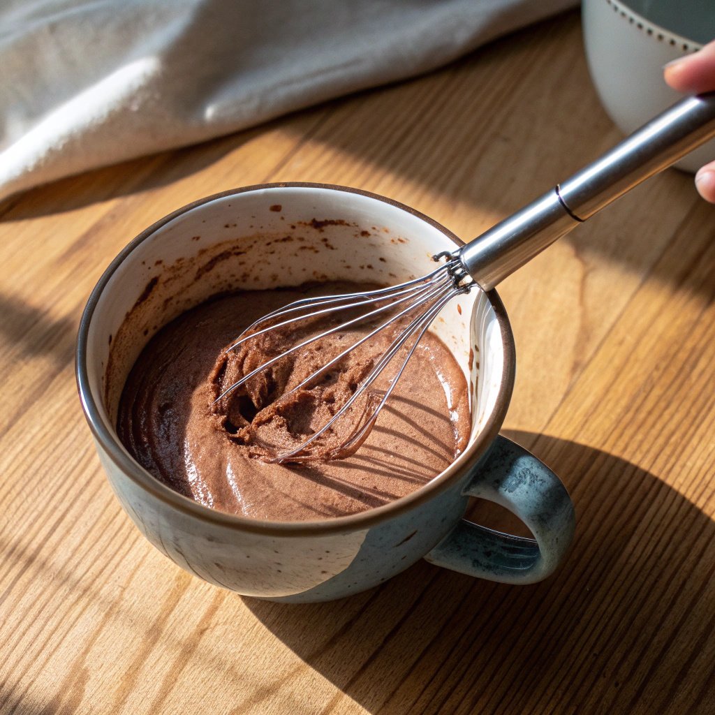 mixing-protein-mousse-step Mixing protein mousse batter in a mug