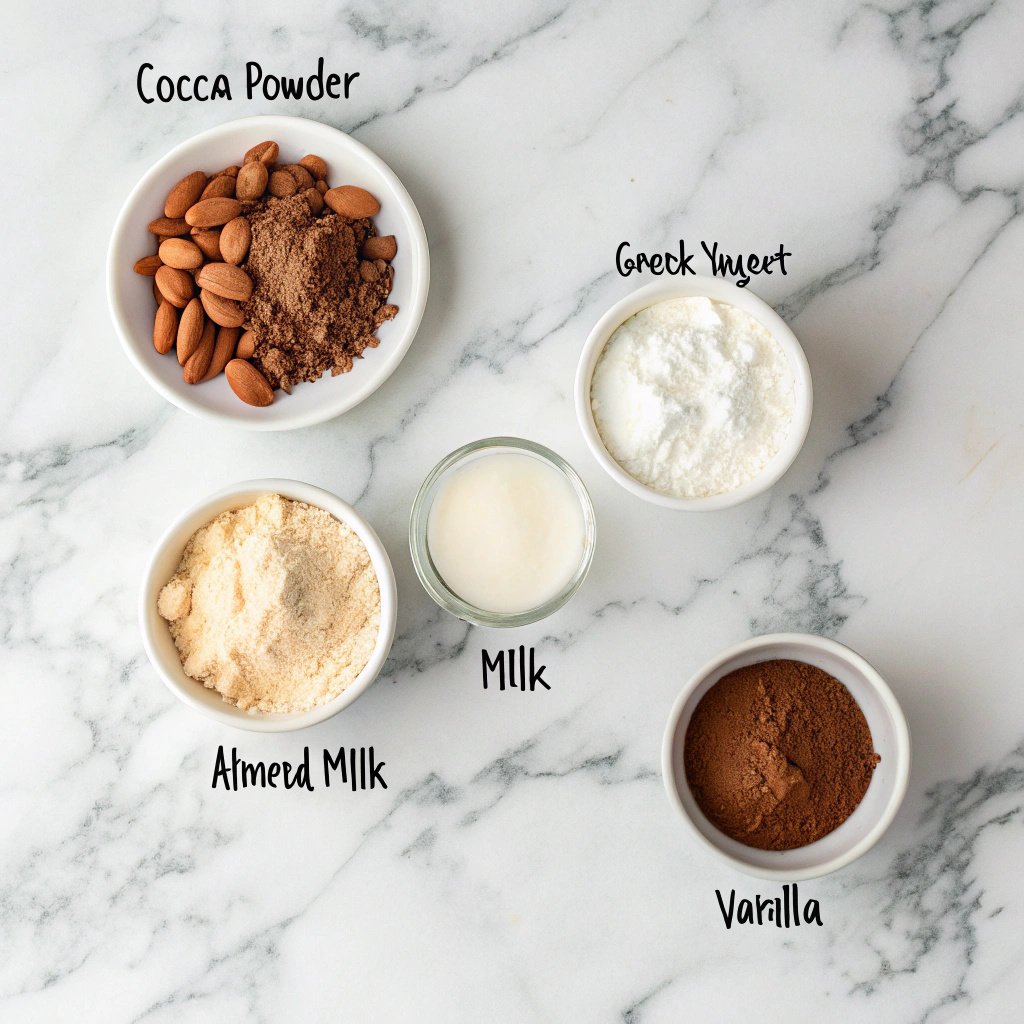 mug-protein-mousse-ingredients Ingredients for mug protein mousse including yogurt and cocoa