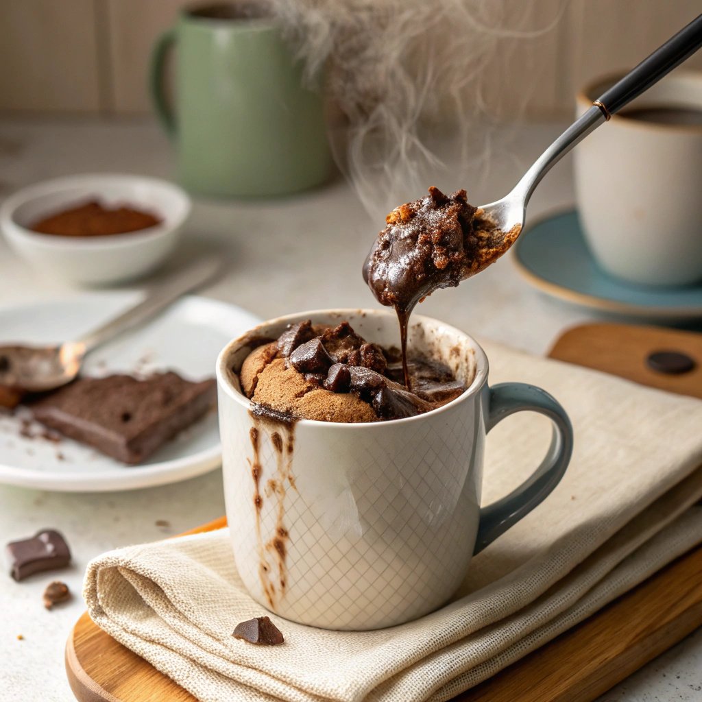 mug-protein-mousse-serving Spoonful of chocolate protein mousse fresh from the mug