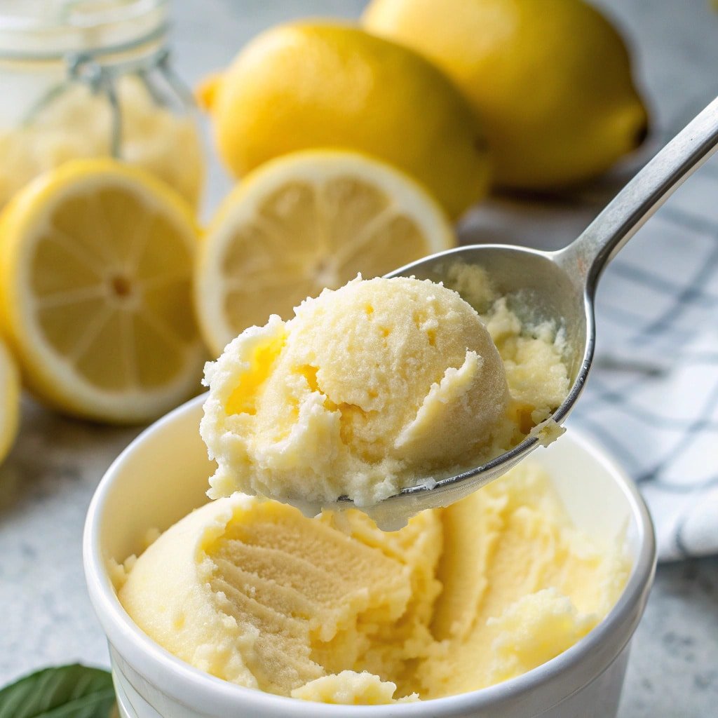 ninja-creami-lemon-sorbet-texture Scoop of smooth lemon sorbet from Ninja Creami pint