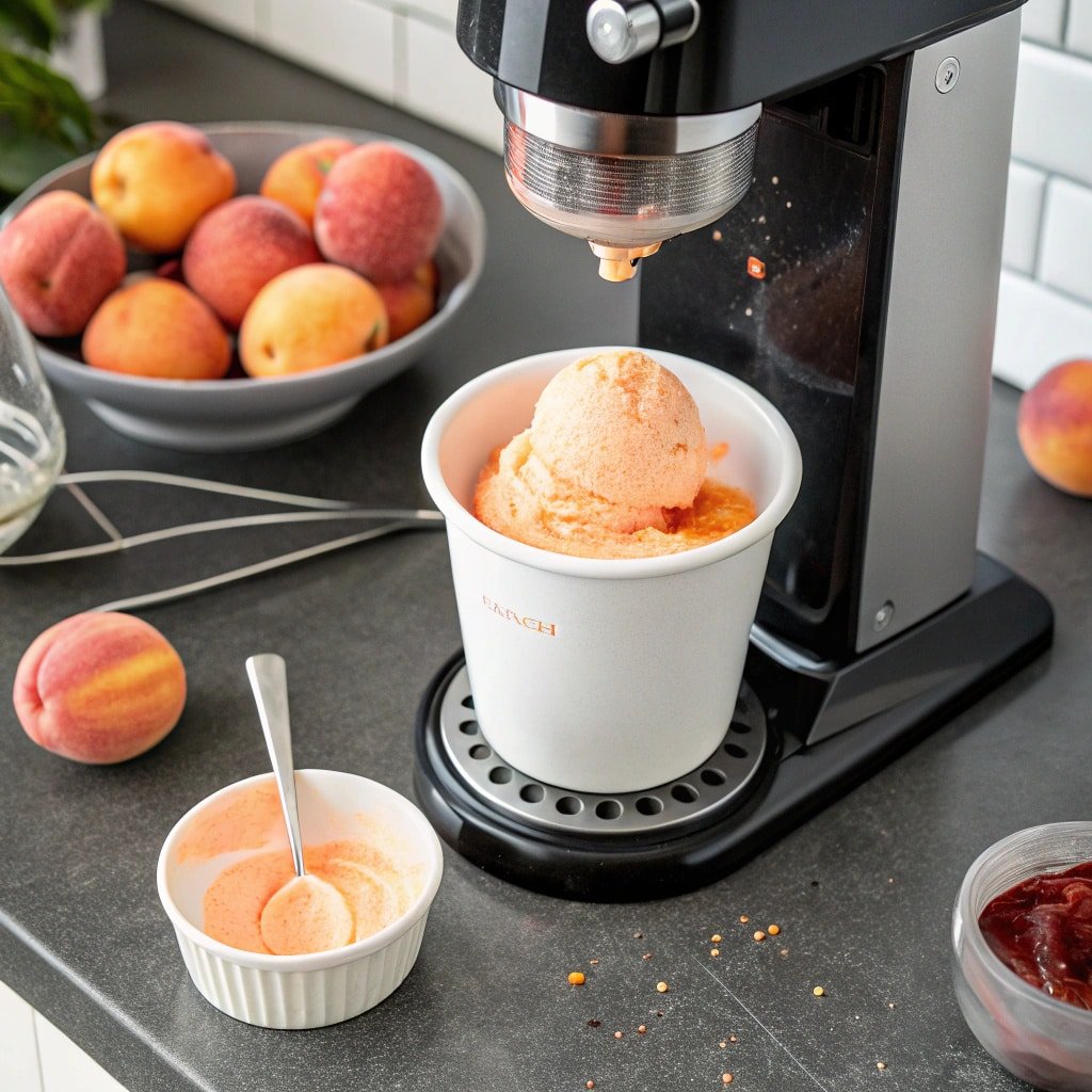 ninja-creami-mid-spin-peach-sorbet Ninja Creami spinning peach sorbet in pint container