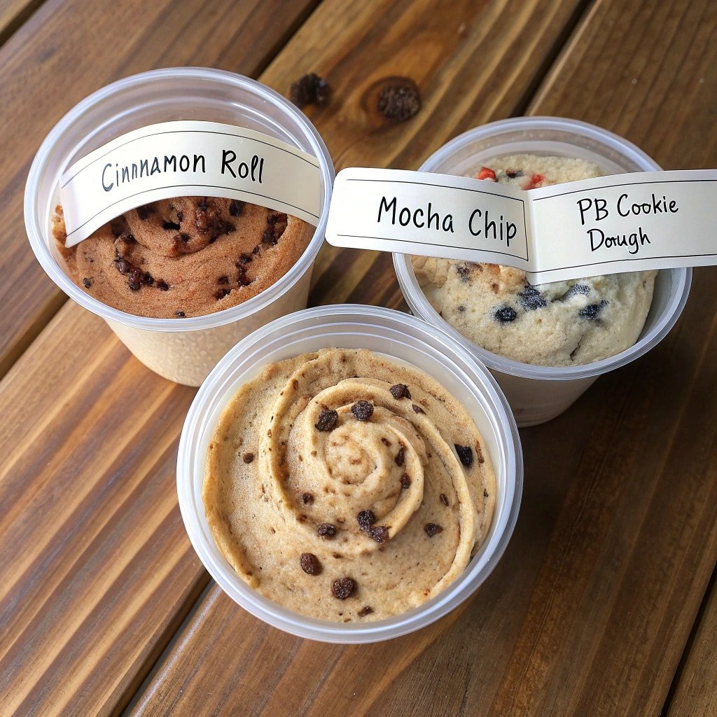 ninja-creami-protein-flavor-ideas Ninja Creami protein flavors labeled Cinnamon Roll, Mocha Chip, PB Cookie Dough
