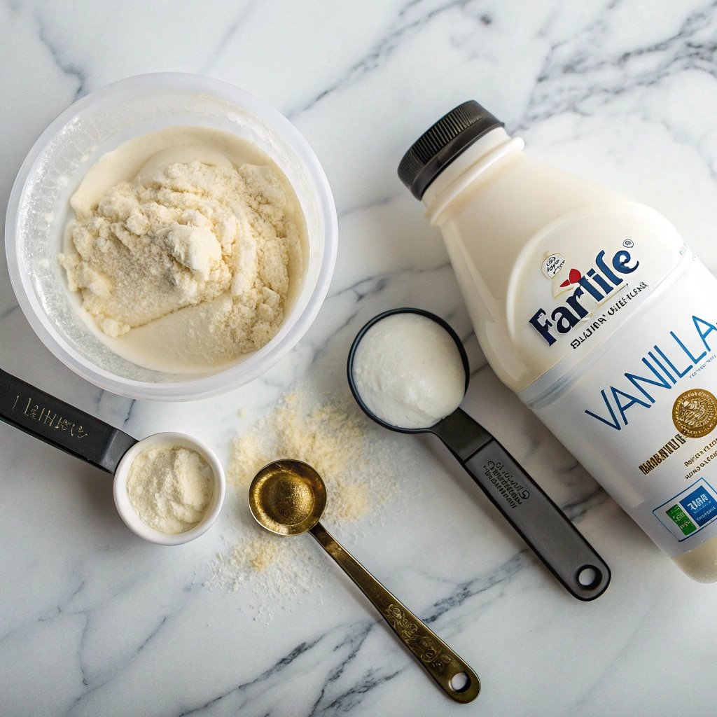 ninja-creami-protein-ice-cream-ingredients Ingredients for Ninja Creami protein ice cream laid out on marble