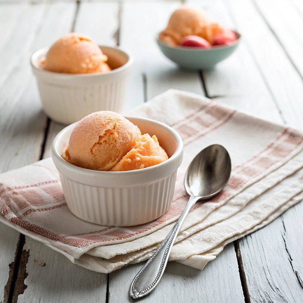 peach-sorbet-bowl-rustic-table Peach sorbet in a ceramic bowl with spoon on rustic wood