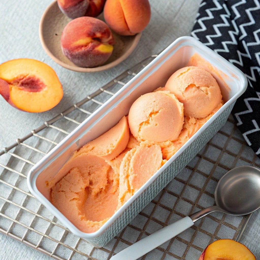 peach-sorbet-ninja-creami-container Top view of creamy peach sorbet in Ninja Creami pint container