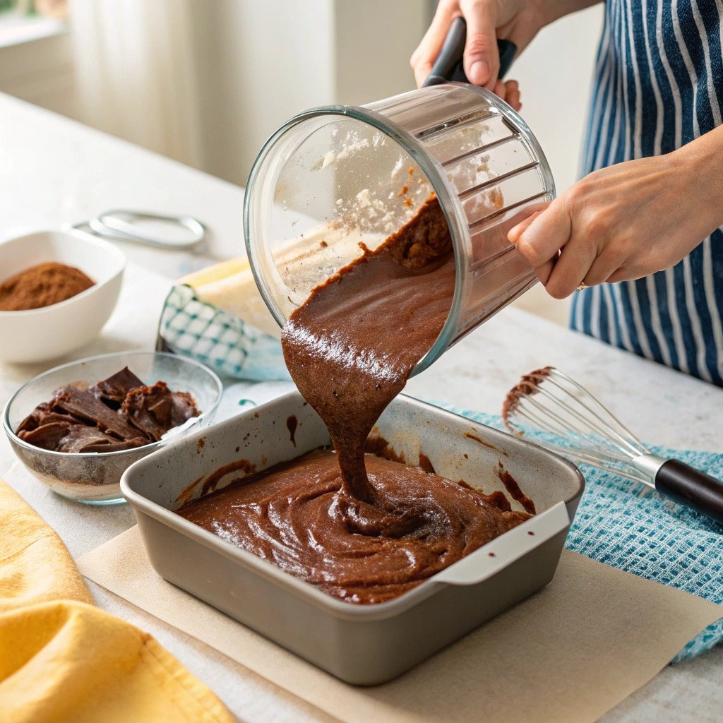pouring-protein-brownie-batter-into-pan Pouring thick chocolate protein brownie batter into a baking dish.
