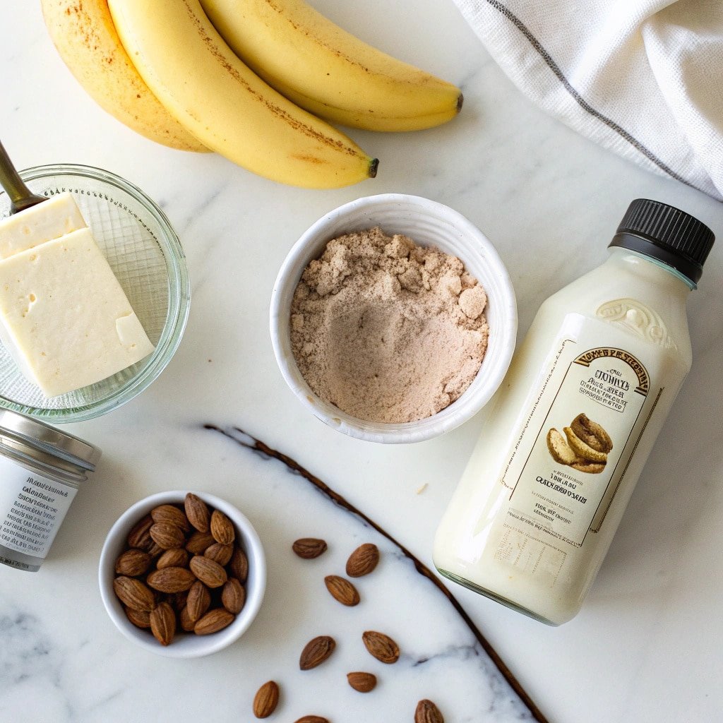 protein-ice-cream-ingredients-flatlay Chocolate peanut butter protein ice cream with toppings