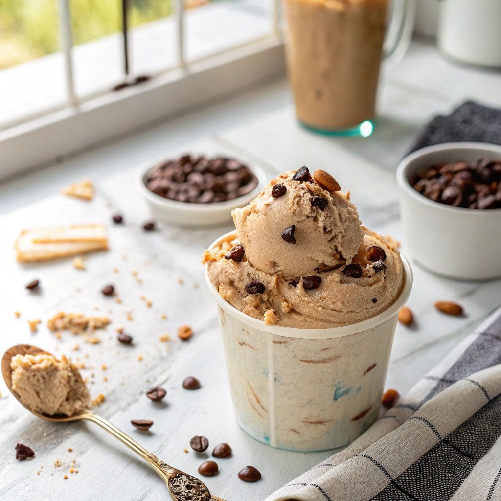 protein-powder-ninja-creami-dessert Creamy protein powder Ninja Creami topped with cacao nibs and almond butter