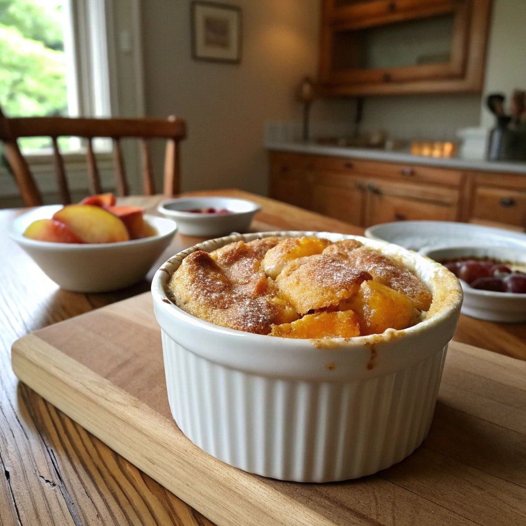 single-serve-peach-cobbler-served warm peach cobbler with ice cream