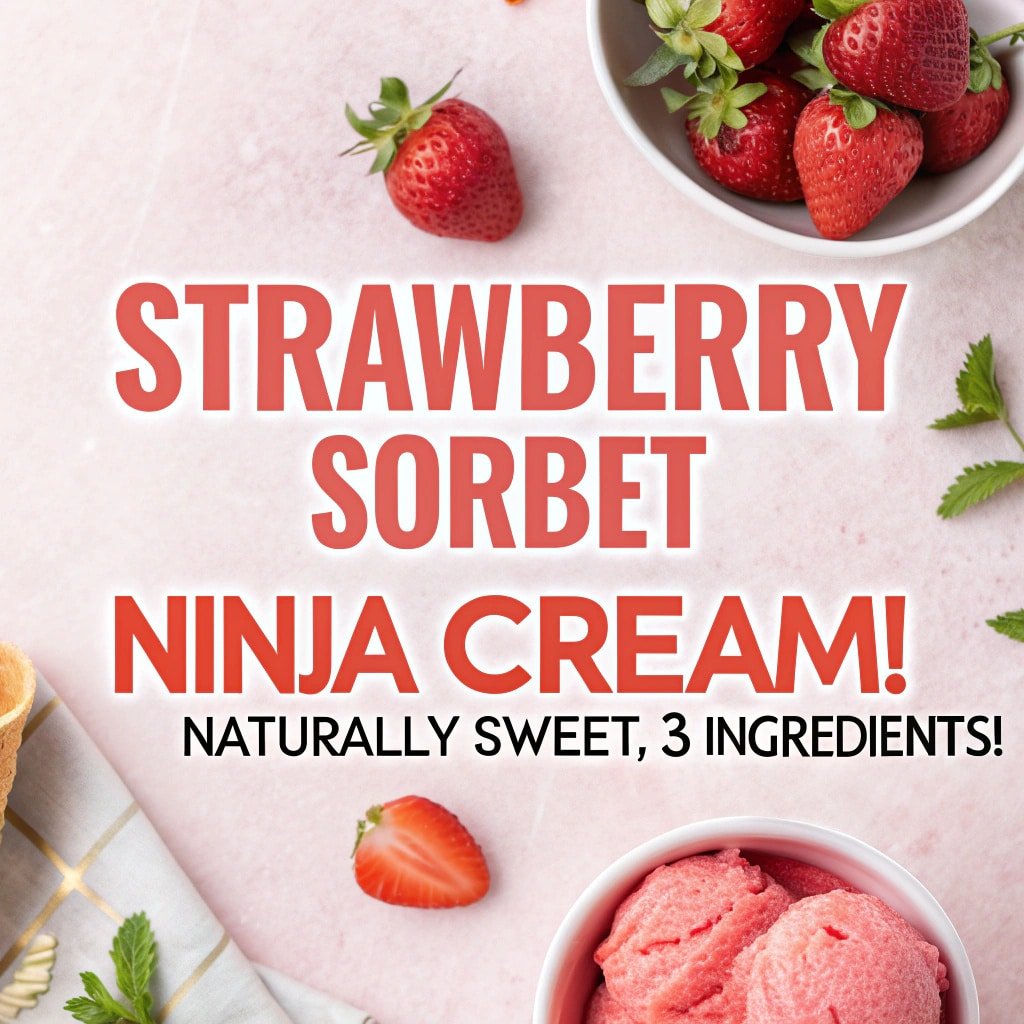 strawberry-creami-sorbet-pinterest Pinterest graphic showing stages of strawberry sorbet in Ninja Creami