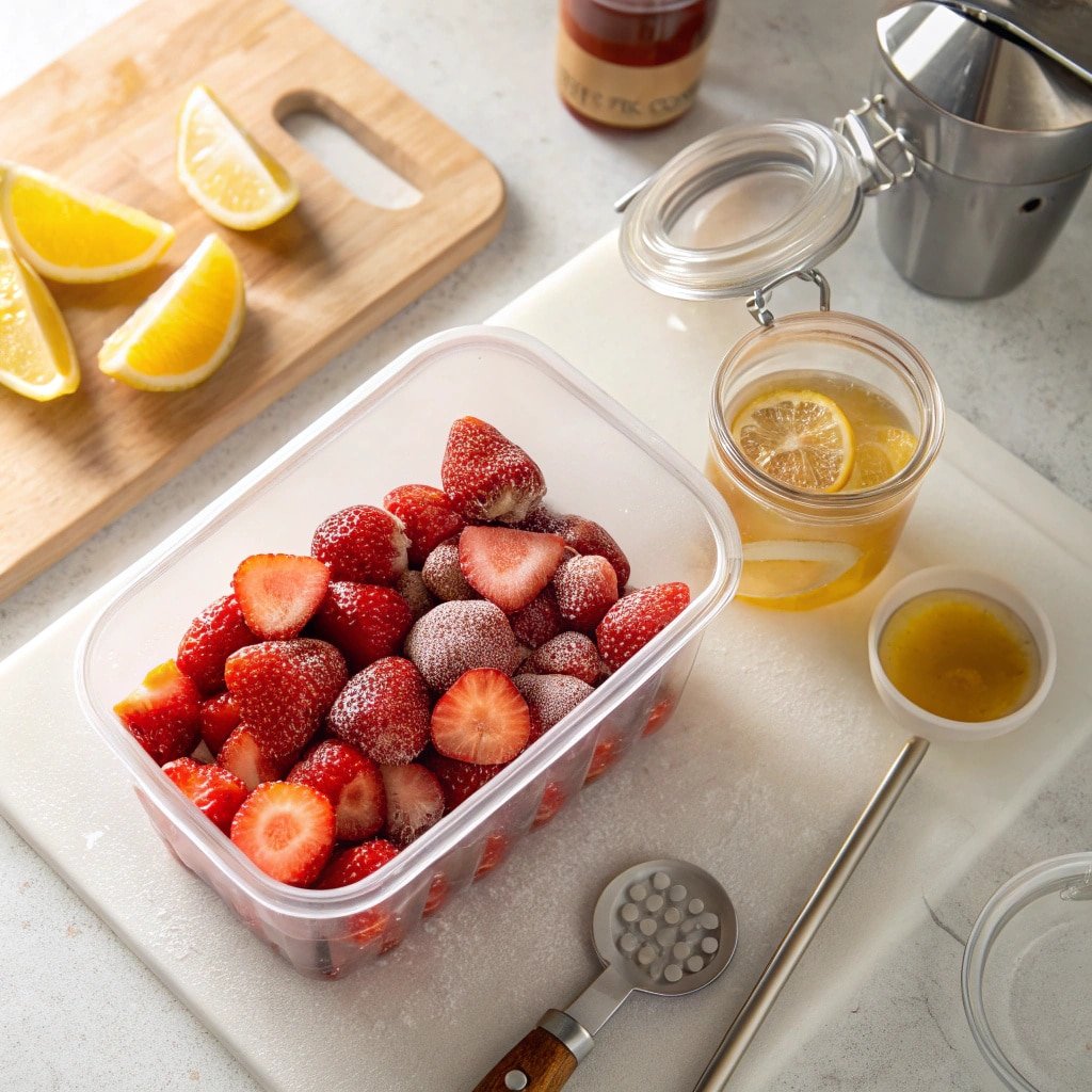 strawberry-sorbet-creami-ingredients Frozen strawberries and ingredients in a Ninja Creami pint before blending