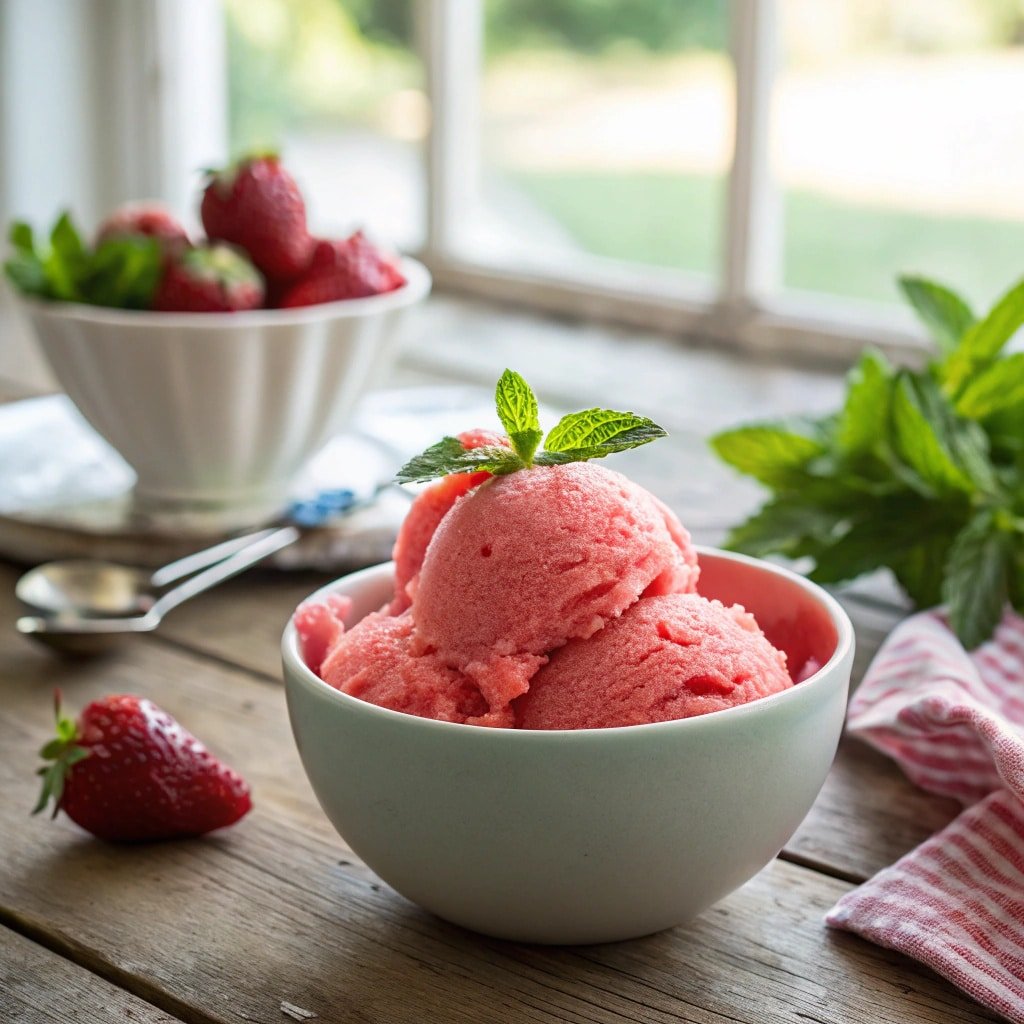 strawberry-sorbet-ninja-creami-hero Creamy strawberry sorbet in a bowl with mint on a rustic table