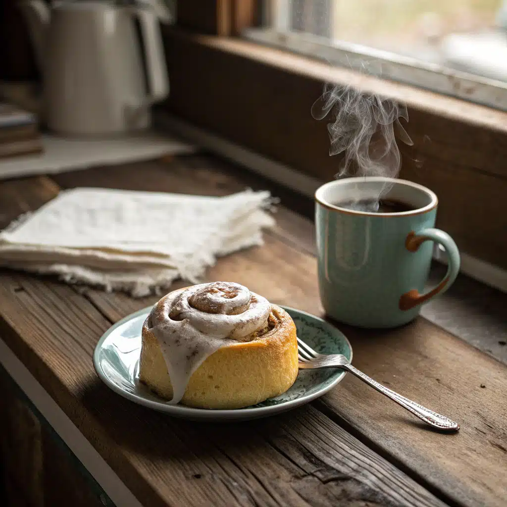 Cozy Microwave Cinnamon Roll with Coffee Microwave cinnamon roll with coffee on rustic table